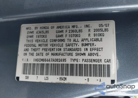 2007 Honda Accord 3.0 Se из США, поврежденный, VIN 1HGCM66447A082495